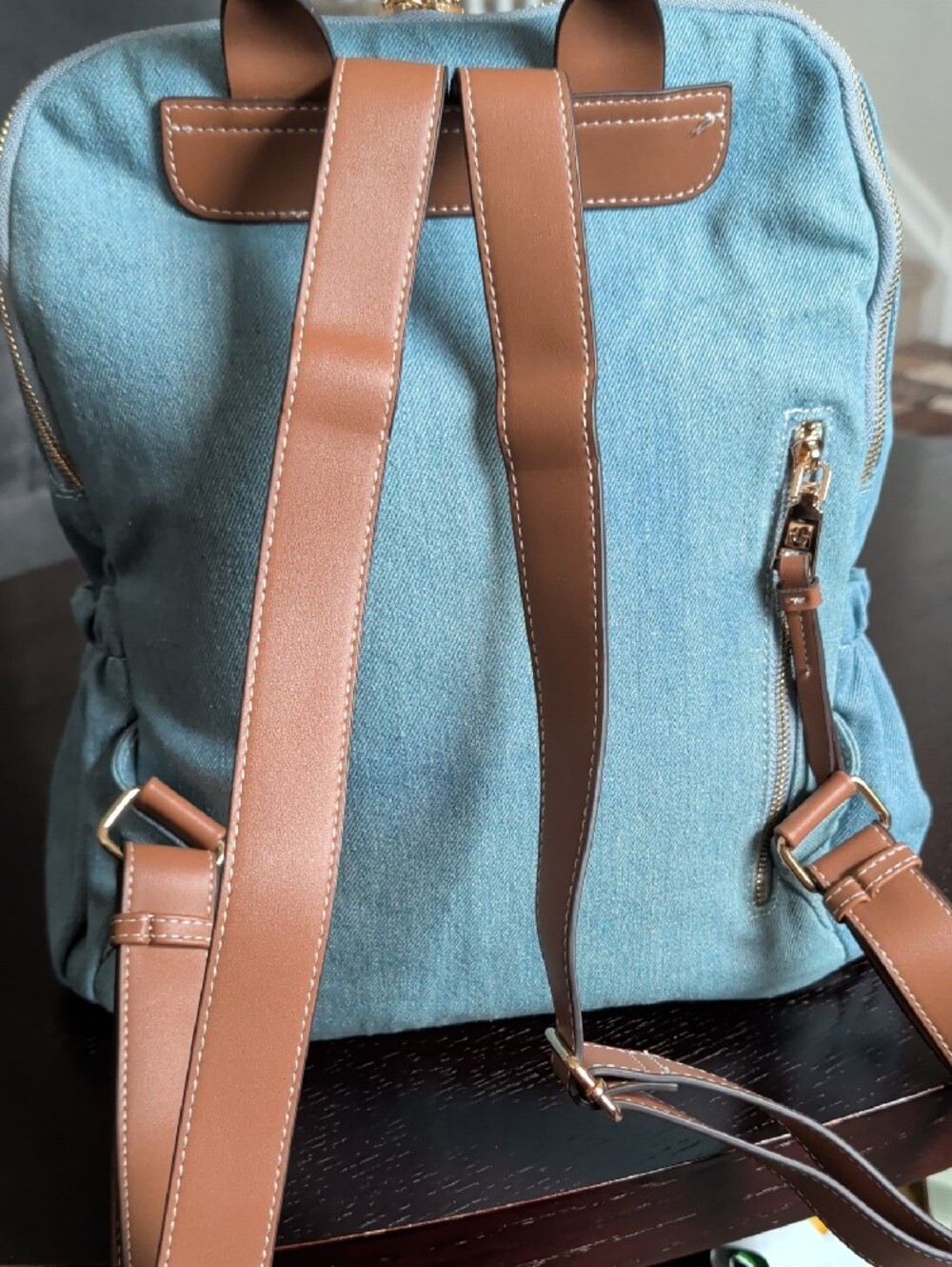 True Religion Light Blue Denim Backpack with Brown Trim and Gold Hardware - Picture 2 of 5